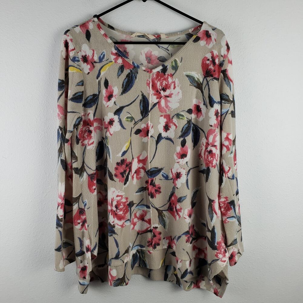 Soft Surroundings Women's L Long Sleeve V-Neck Long Top Beige Pink Peony Print